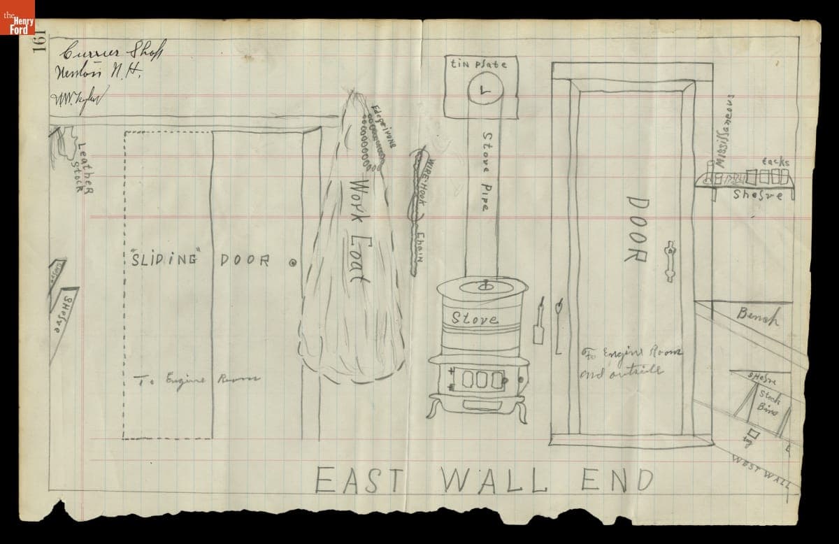 Drawing of the Layout of the East Wall of Currier Shoe Shop, circa 1930