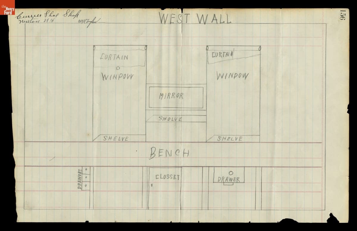 Drawing of the Layout of the West Wall of Currier Shoe Shop, circa 1930