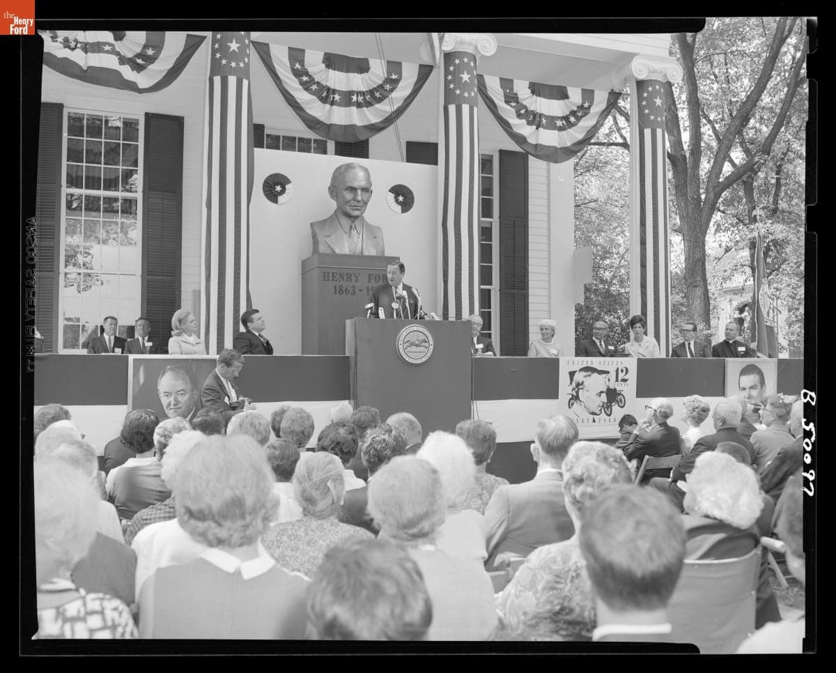 Henry Ford II Speaking at the Henry Ford Postage Stamp Dedication in Greenfield Village, July 30, 1968