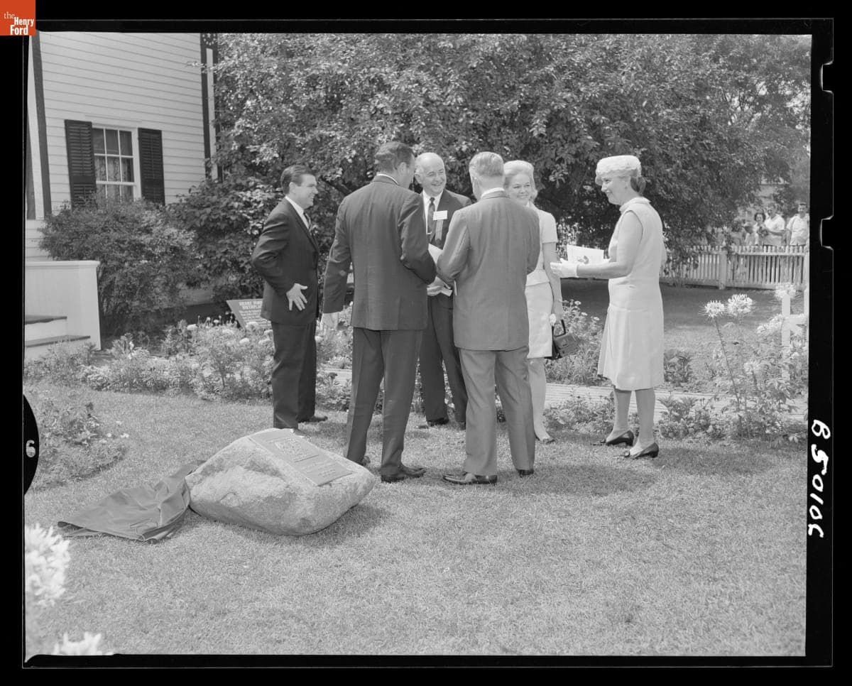 Postmaster General W. Marvin Watson, Henry Ford II, and Others after the Henry Ford Postage Stamp Dedication in Greenfield Village, July 30, 1968