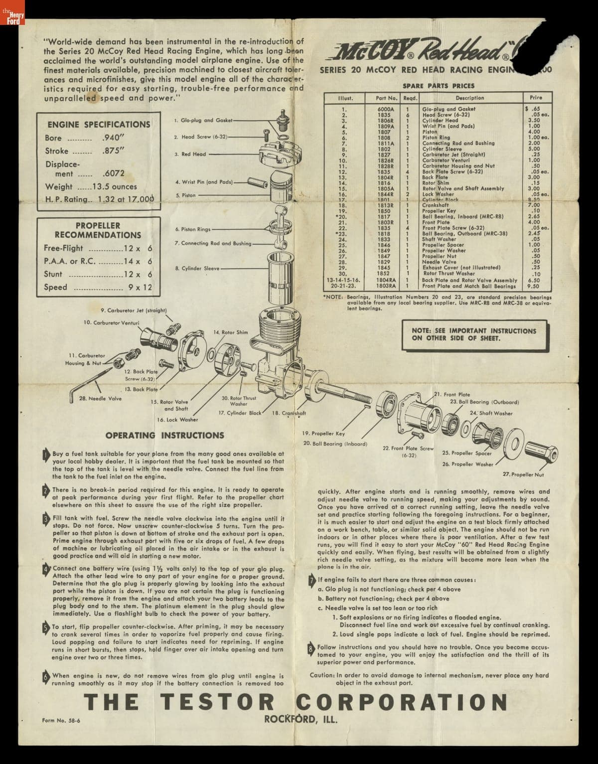 Operating Instructions for the McCoy "Red Head 60" Racing Engine, 1956-1966
