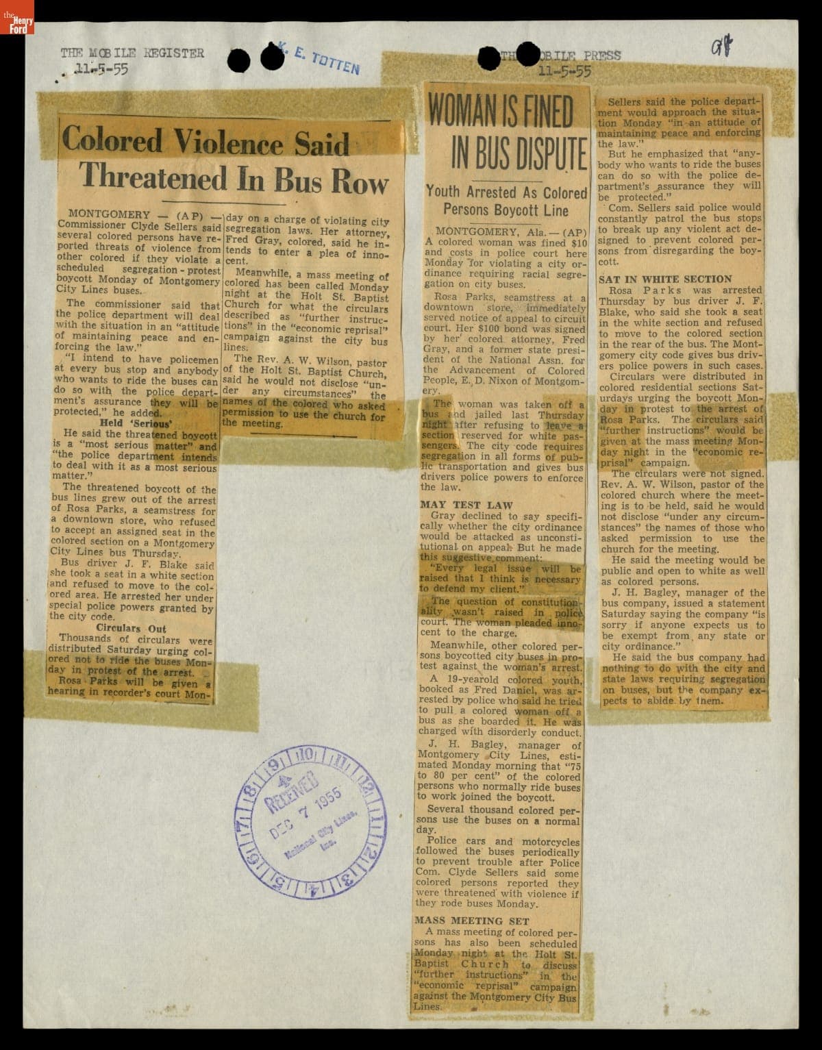 Montgomery Bus Boycott Scrapbook, November 1955 - April 1957 (Part 1 of 6)