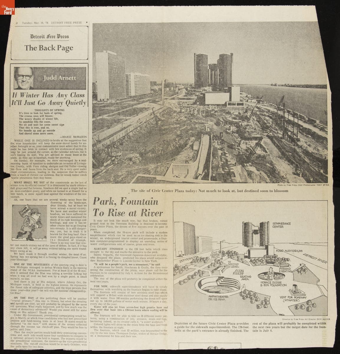 Detroit Free Press Article, "Park, Fountain To Rise at River," March 16, 1976