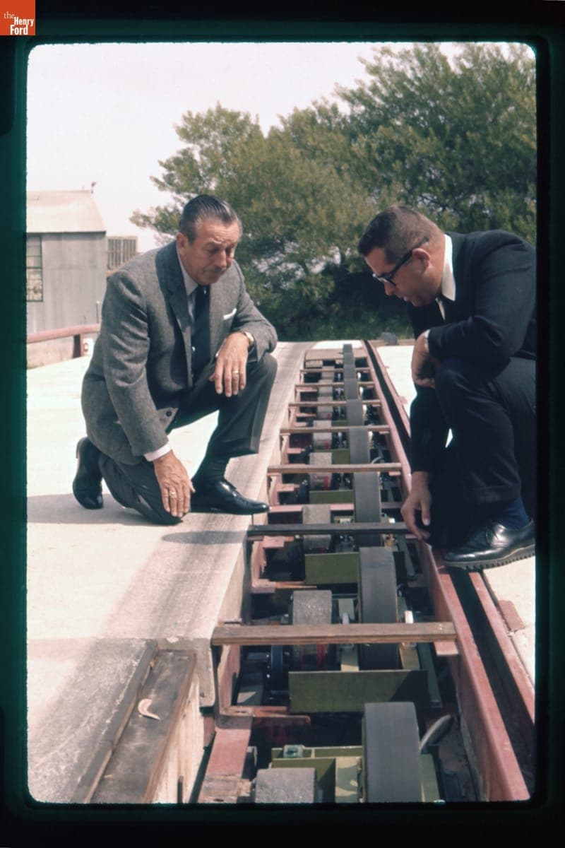 Walt Disney Inspecting the Track System during Testing for the Magic Skyway Ride, 1962-1963
