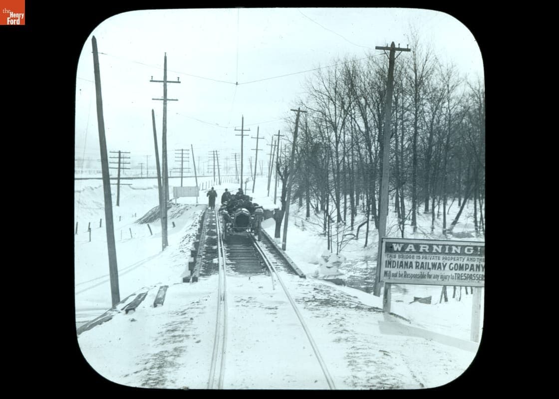 Thomas Flyer on a Railroad Trestle near Goshen, Indiana during the New York to Paris Race, 1908