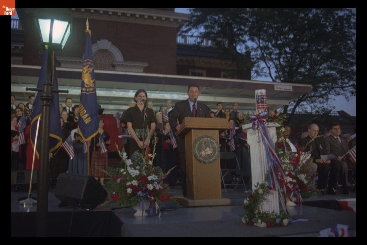 Museum President Steve Hamp Speaking at the "Peace and Unity" Candlelight Vigil at Henry Ford Museum, September 19, 2001