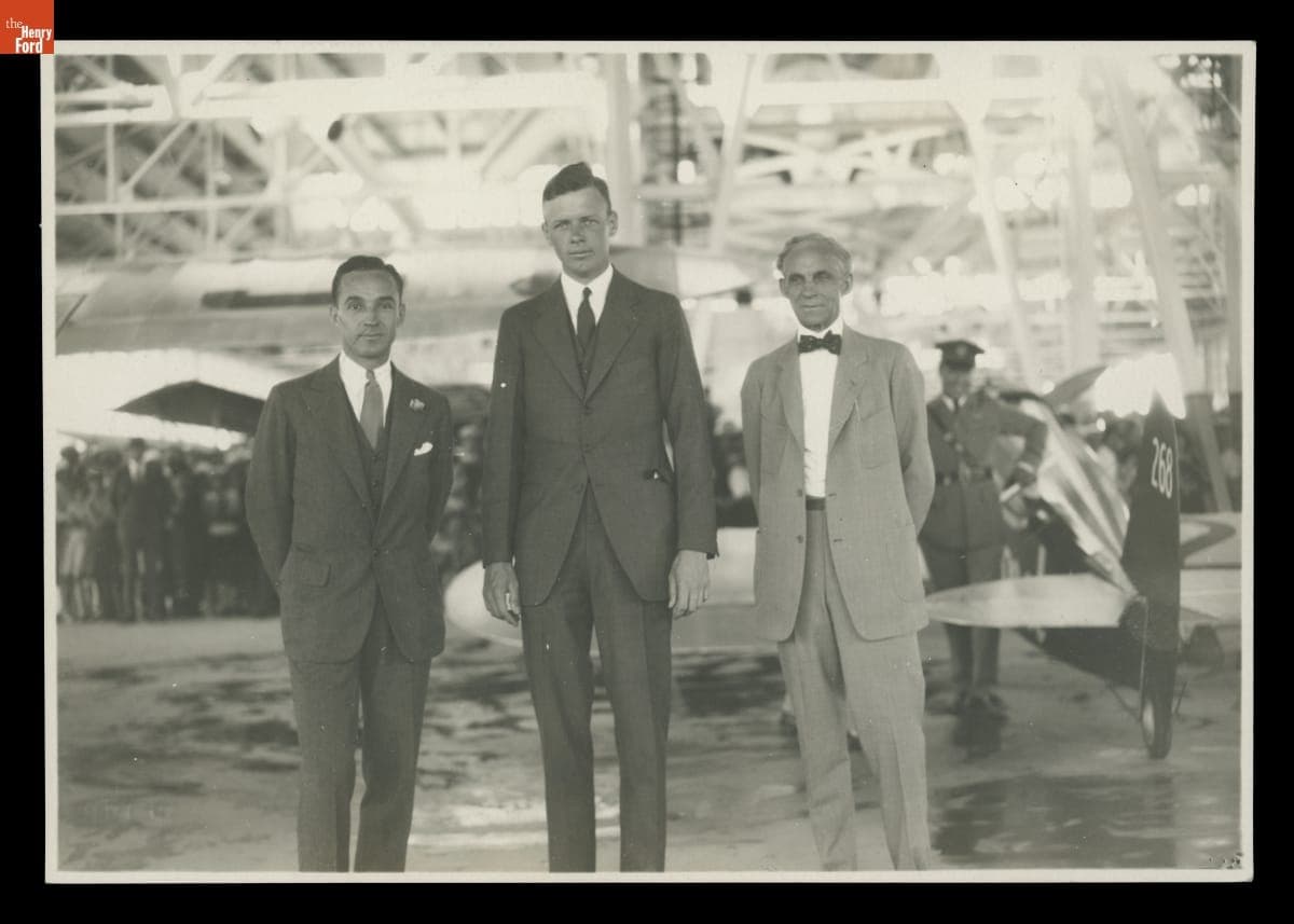 Edsel Ford, Charles Lindbergh, and Henry Ford at Ford Airport, Dearborn, Michigan, August 1927