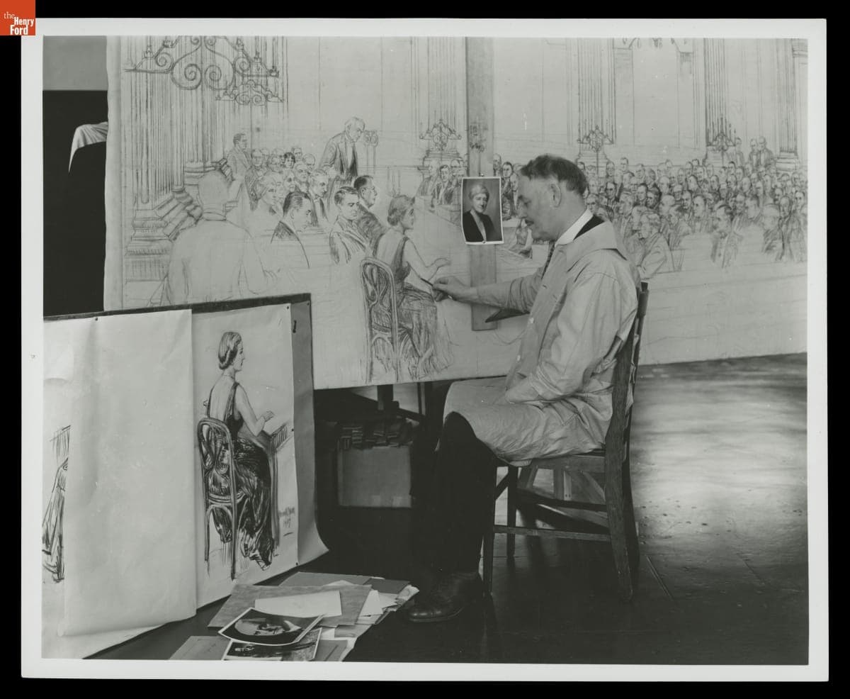 Irving Bacon Works on the Painting of Light's Golden Jubilee, January 17, 1938