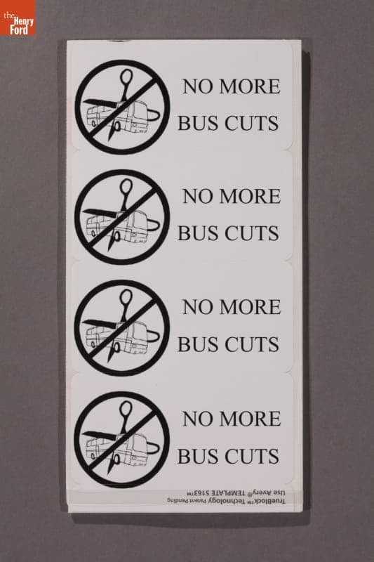 Sticker, "No More Bus Cuts," Transportation Riders United, Detroit, Michigan, circa 2010