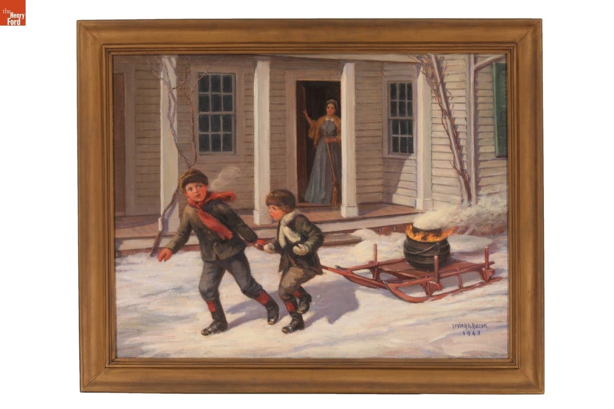 Young Henry Ford and John Ford Pulling a Sled with a Boiling Kettle, by Irving Bacon, 1940