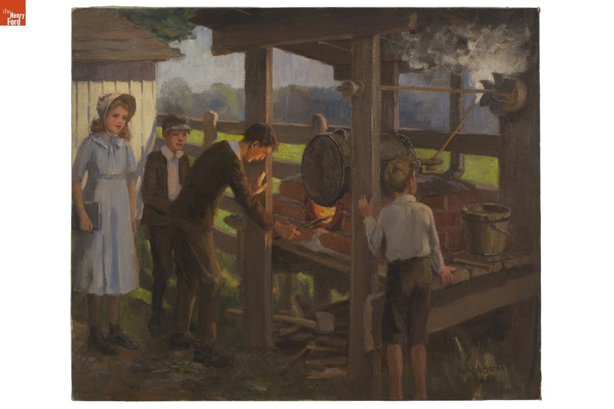 Young Henry Ford Demonstrating his Homemade Steam Turbine to Friends, by Irving R. Bacon, 1938