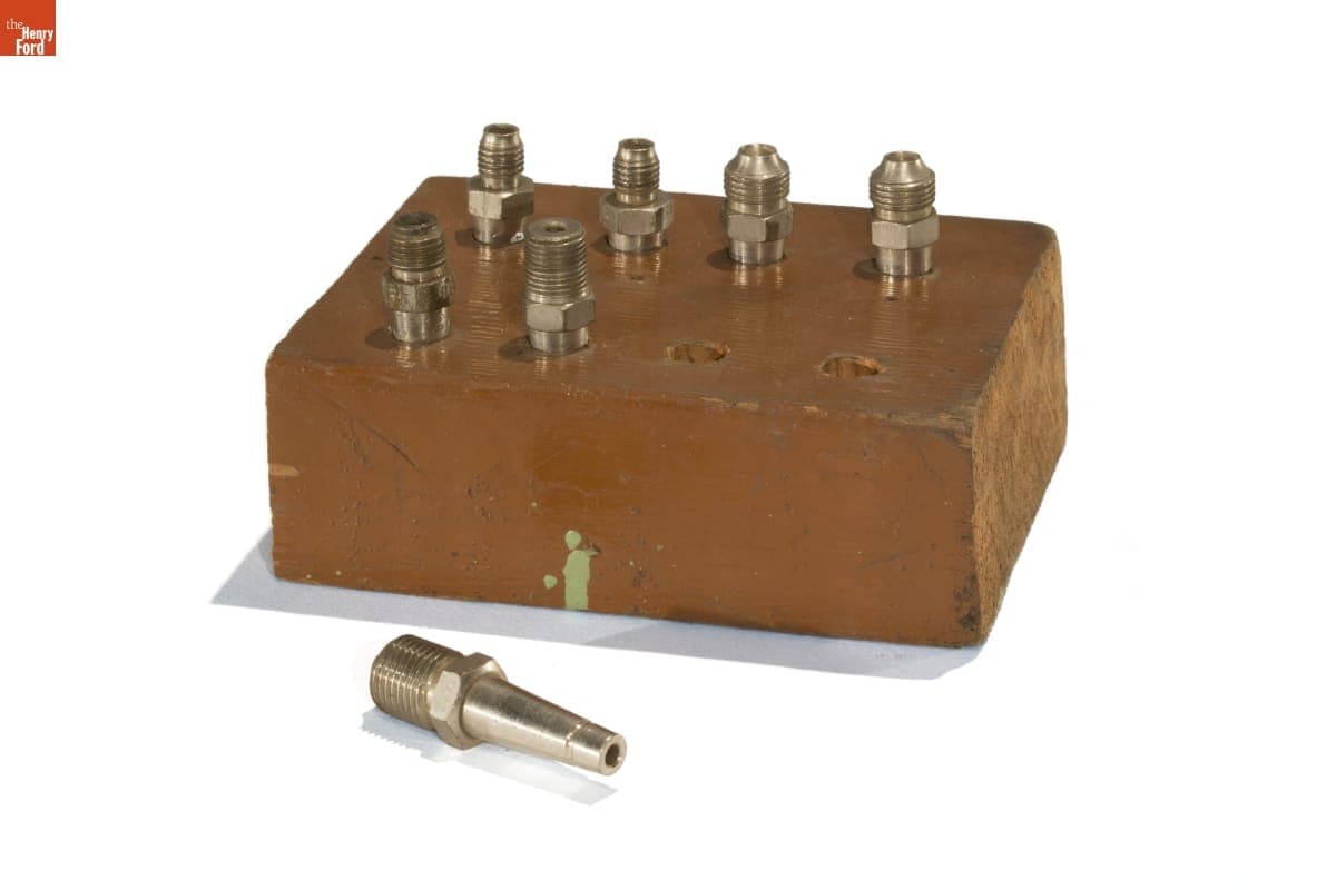 Set of Metal Nozzles in Red Wooden Block, 1980-1998