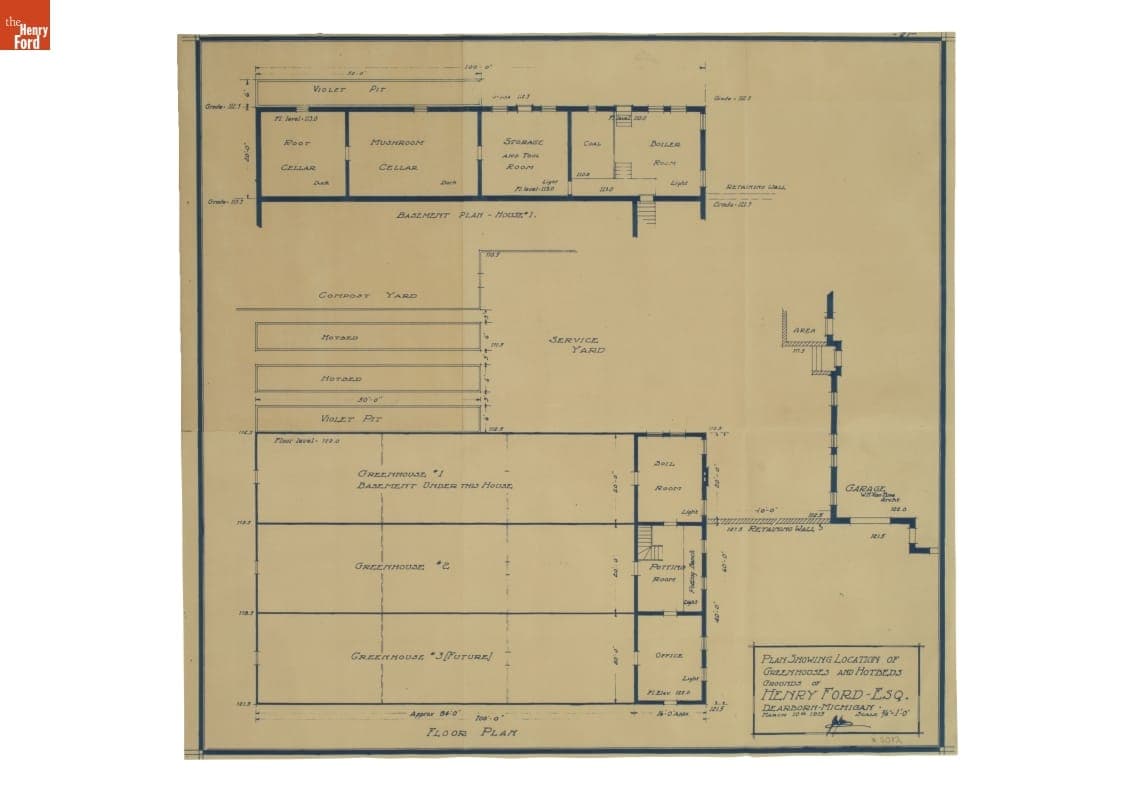 Landscape Architecture Drawing for Fair Lane, "Plan showing location of Greenhouses and Hotbeds," March 1915