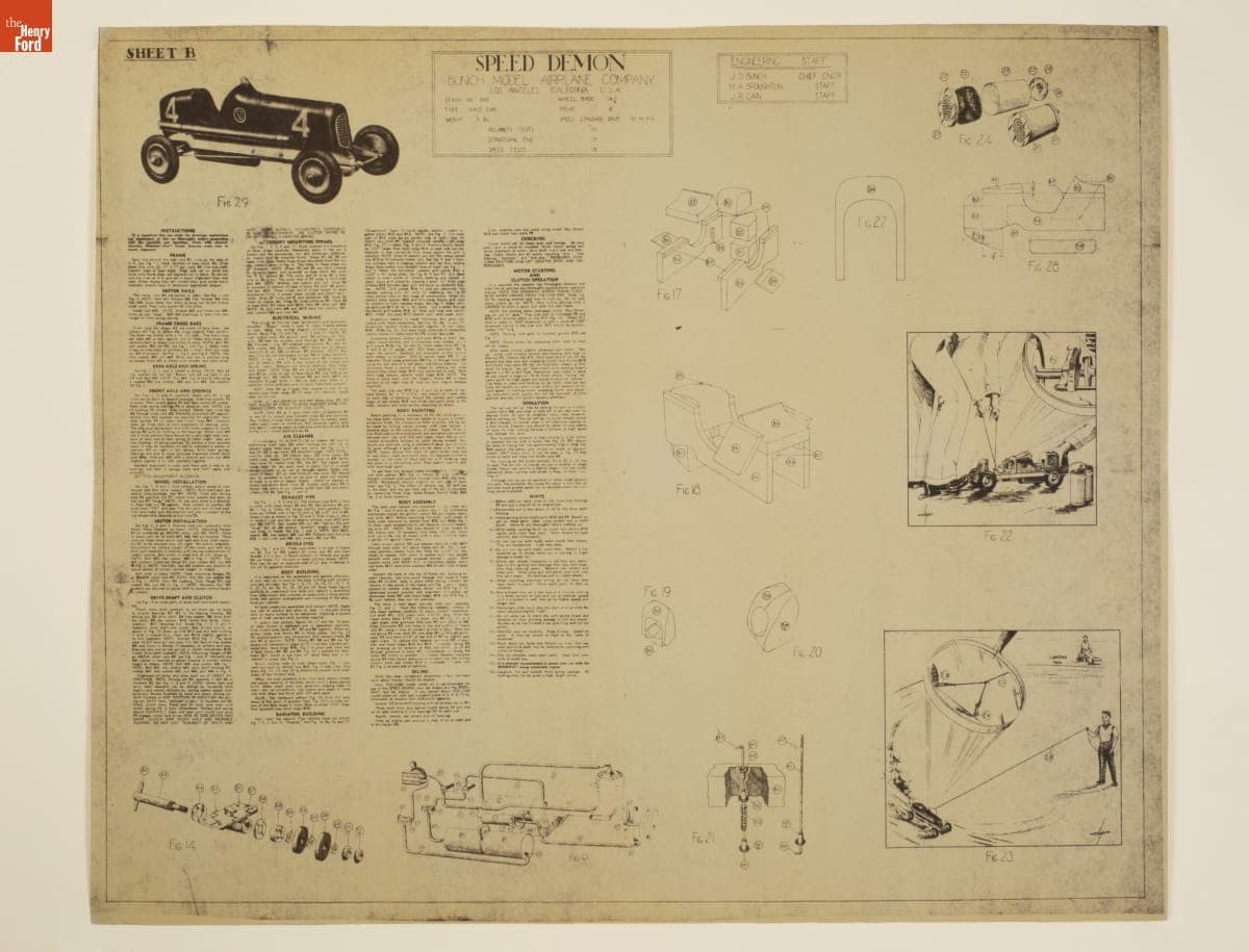 Assembly Instruction Sheet "B" for the Bunch "Speed Demon" Gas-Powered Racing Tether Car, 1930-1940