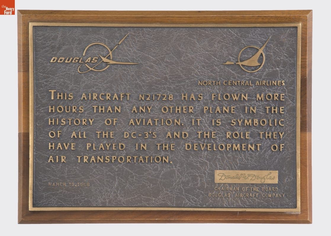Plaque Commemorating the Record Number of Hours Flown by the Douglas DC-3