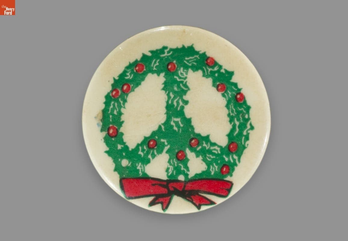 Button, Peace Sign Shaped Holiday Wreath, circa 1991