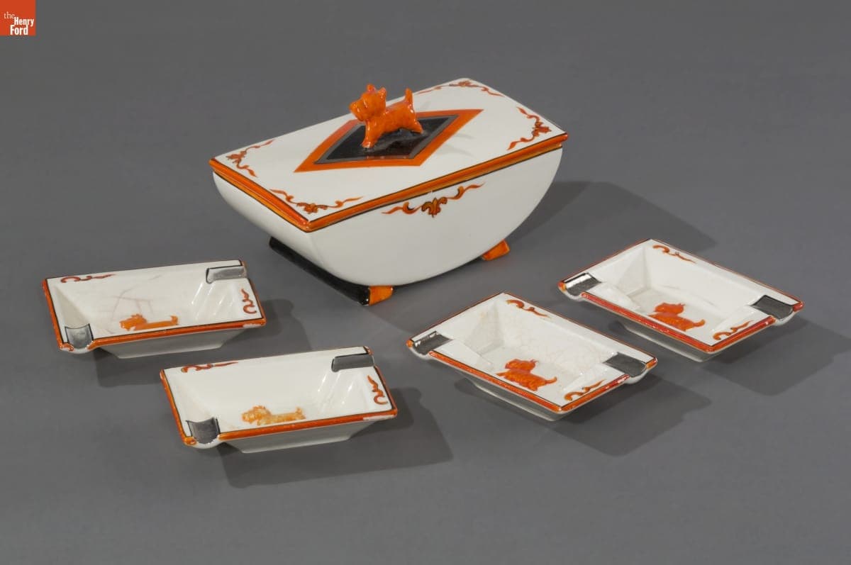 "Scottie Dog" Cigarette Holder and Ash Trays, 1935-1940