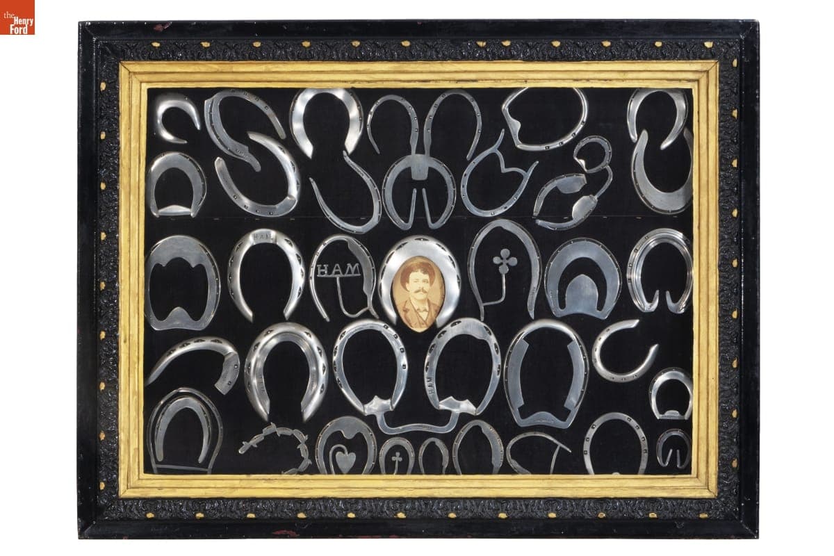 Display Case Containing Horseshoes Made by H. A. Meikrantz, 1875-1938