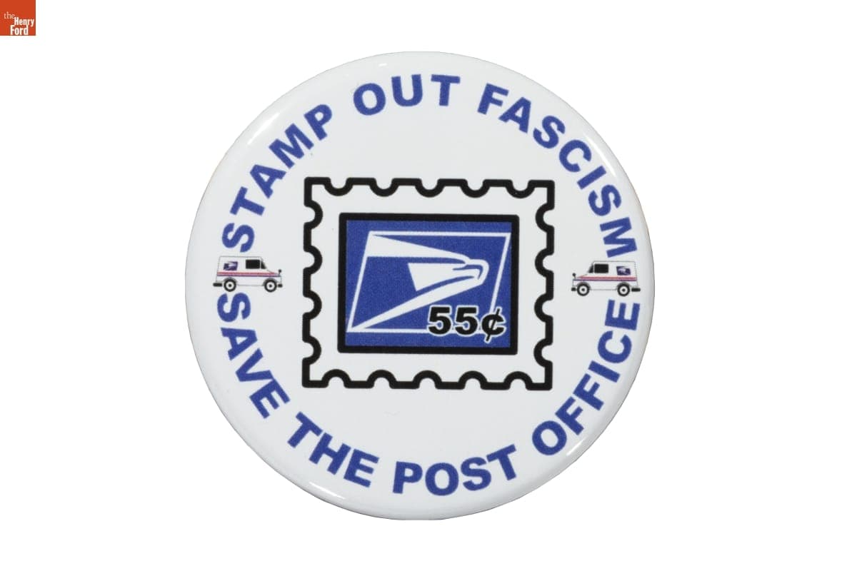 "Stamp Out Fascism, Save the Post Office" Button, 2020