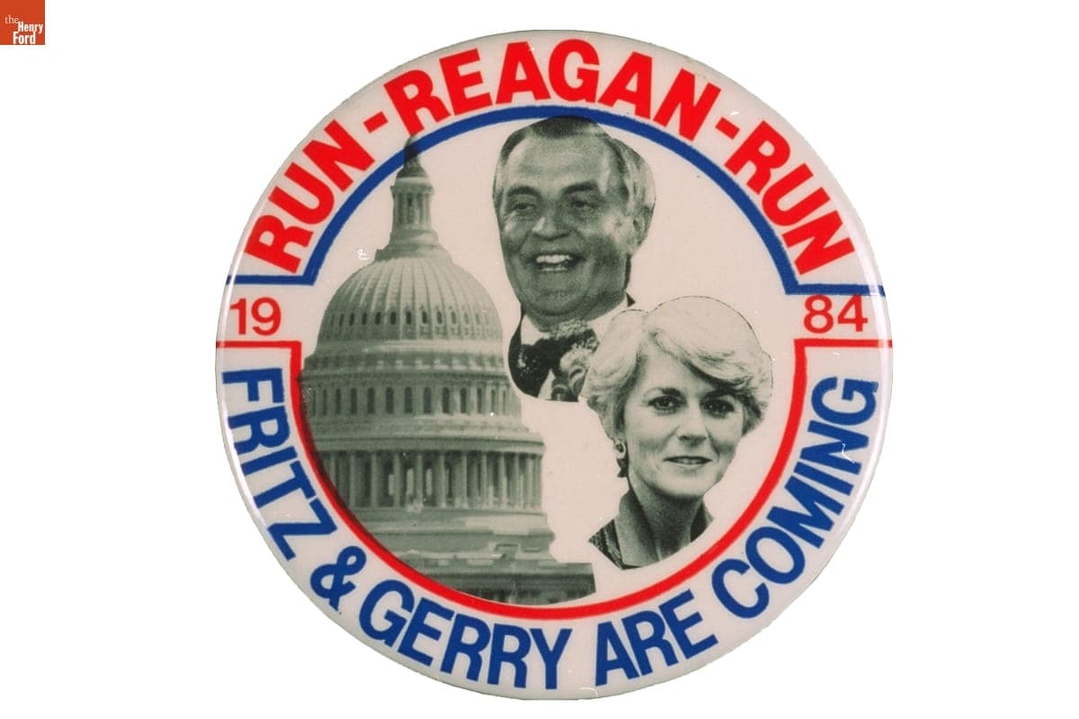 Run-Reagan-Run Fritz & Gerry Are Coming Button, 1984