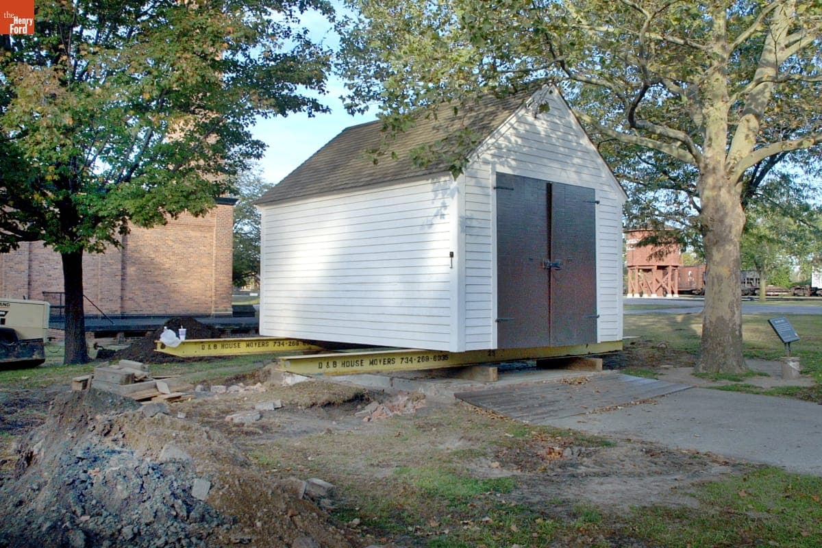 Hearse Shed Being Relocated during the Greenfield Village Restoration Project, September 2002