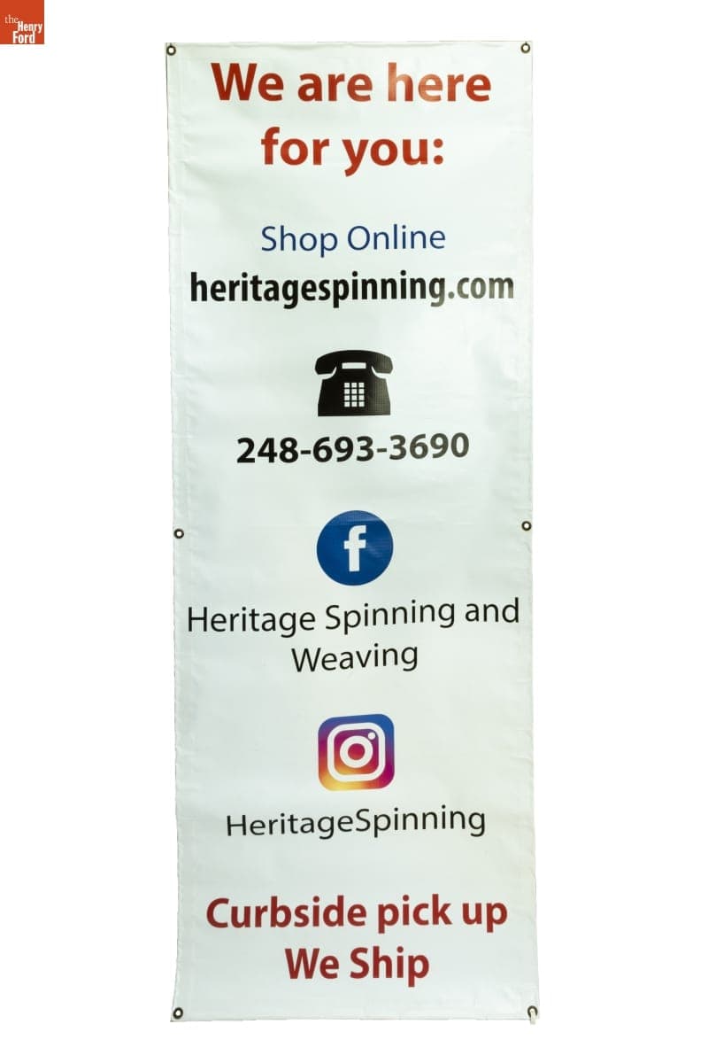 COVID-19 Curbside Pick Up and Shipping Banner, Used at Heritage Spinning & Weaving, 2020