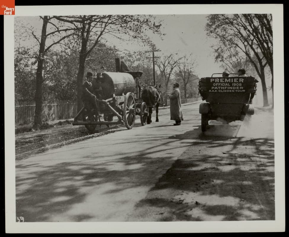 Glidden Tour 1908 Pathfinder Automobile and Horse-Drawn Road Oiling Tank