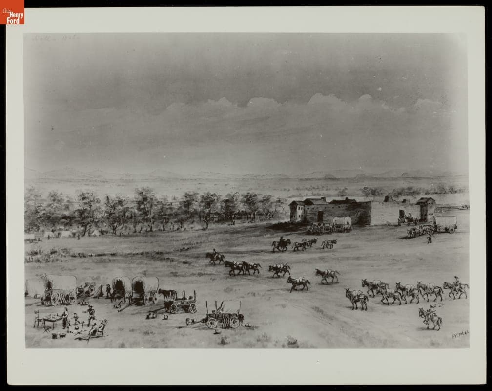 Sketch of 1843 Wagon Train at Fort Hall, Idaho