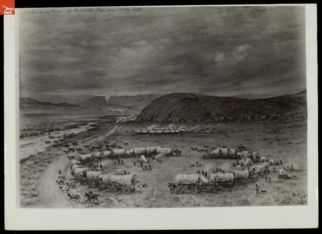 Sketch of circa 1840 Wagon Train at Independence Rock, Sweetwater River and Devil's Rock, Wyoming