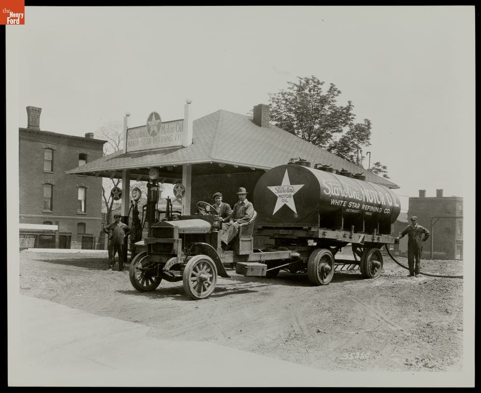 Staroline Motor Oil Service Station, Tank Truck and Workers, circa 1925