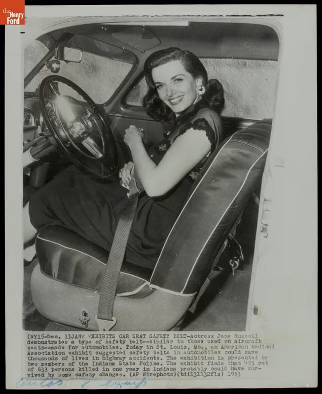 Jane Russell Demonstrating Use of Car Safety Belts, 1953