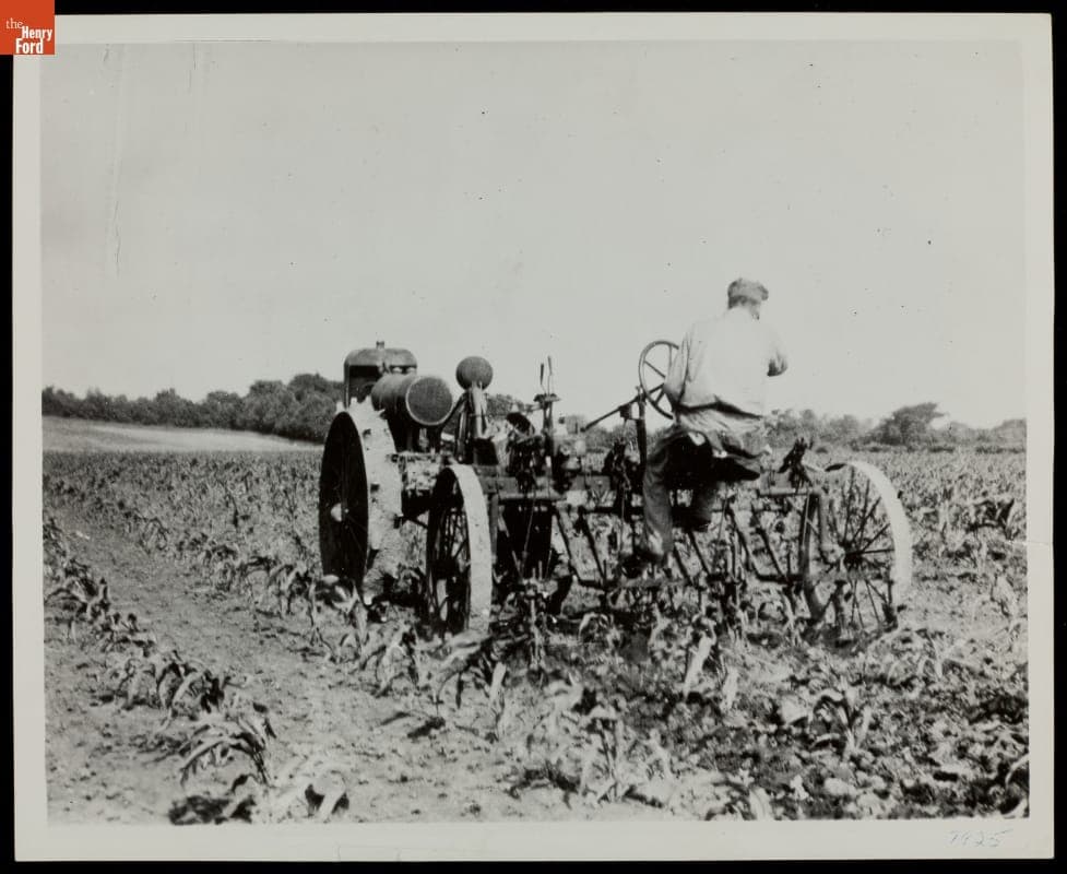 Farmer on Tractor, Cultivating Corn Field, circa 1916