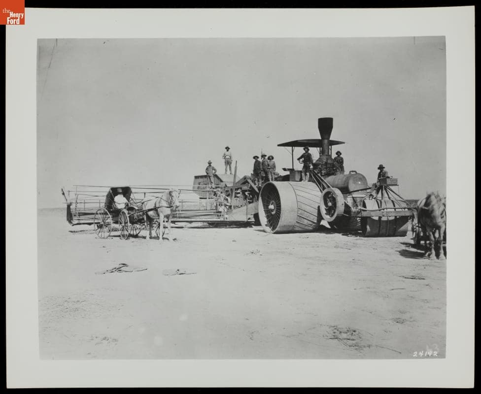 Workers with Best Manufacturing Company Steam Tractor and Combine Harvester, circa 1896