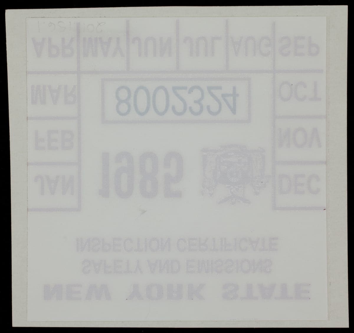 New York State Safety and Emissions Inspection Window Decal, 1985