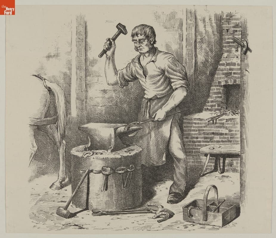 Wood Engraving, Blacksmith Making Horse Shoes, circa 1884