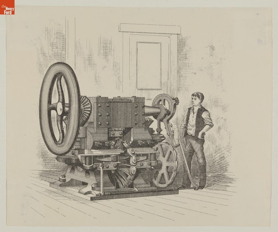 Engraving, Horseshoe Manufacturing Machine Patented by United States in 1879 (detail)