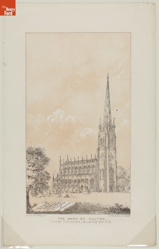 Lithograph, "The Grave of Fulton, Trinity Churchyard-Broadway New York," circa 1856