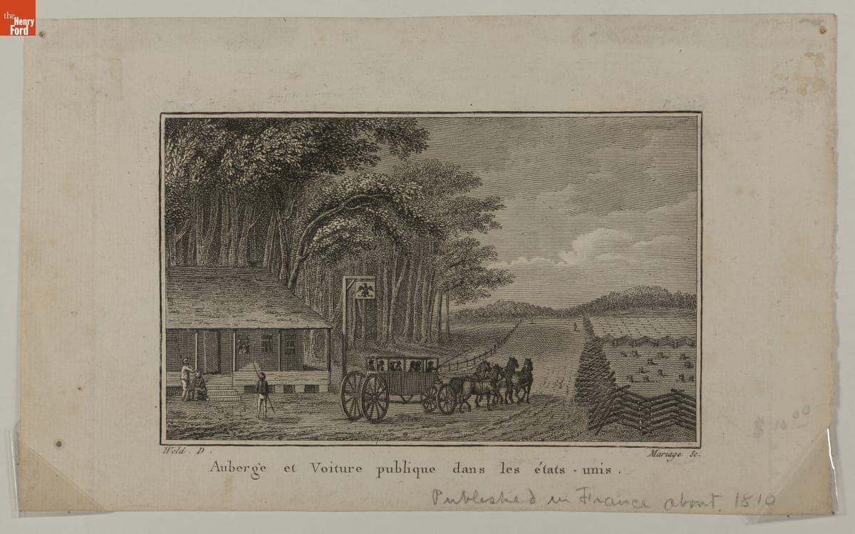"Auberge et Voiture Publique Dans les Etats Unis" (American Stage Coach, 1800-1810), Copperplate Engraving, circa 1810