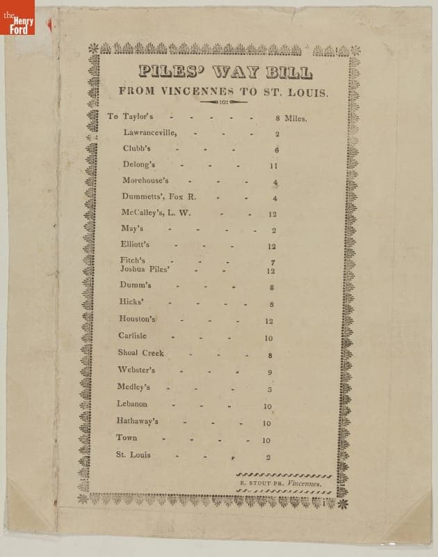 Waybill for Piles Stagecoach Line from Vincennes, Indiana to St. Louis, Missouri, circa 1825