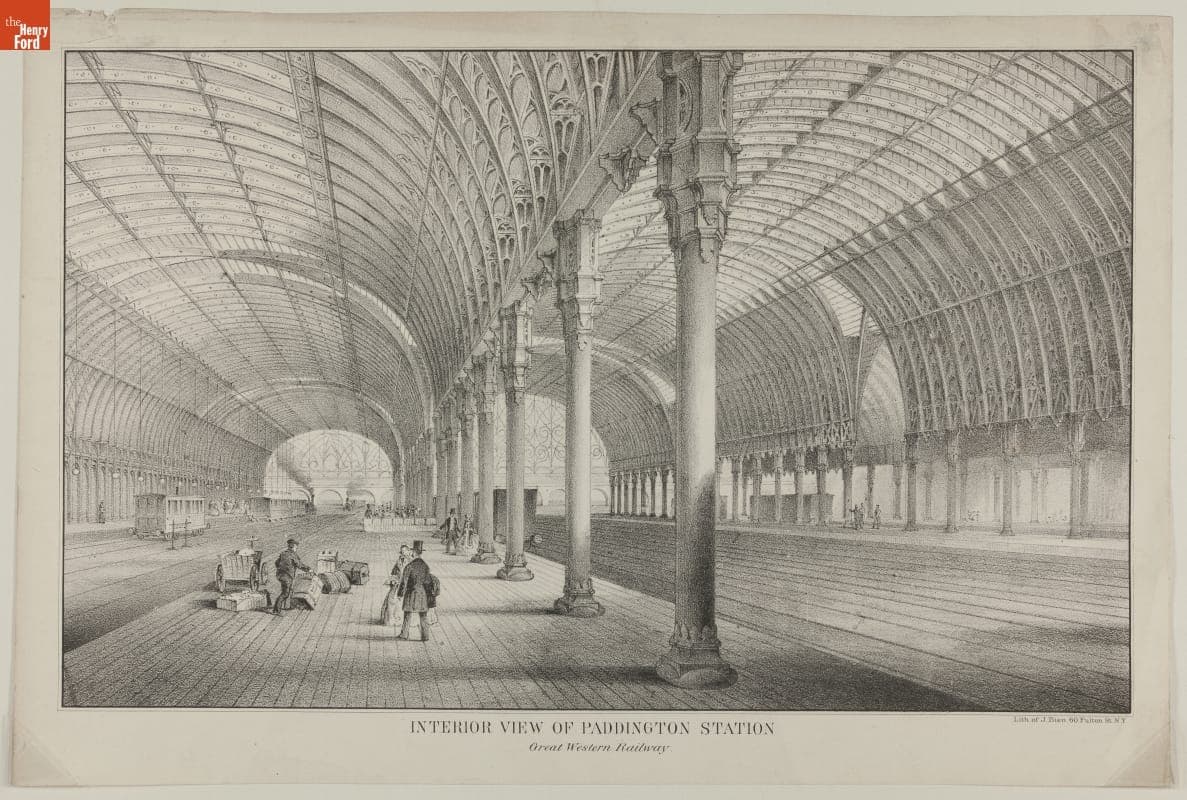 Lithograph, "Interior View of Paddington Station," London, England, circa 1856