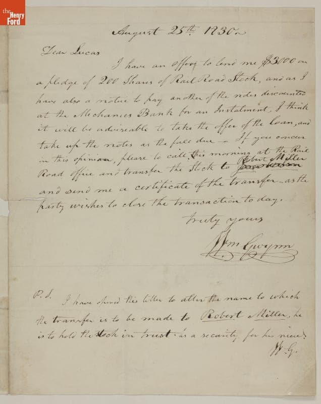 Letter from William Gwynn to F. Lucas Junior concerning a Loan on Railroad Stock Shares, 1830