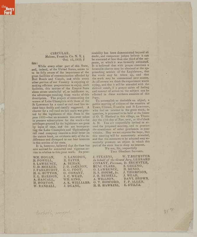 Broadside Promoting the Building of a Railroad through Interior New York State, 1835