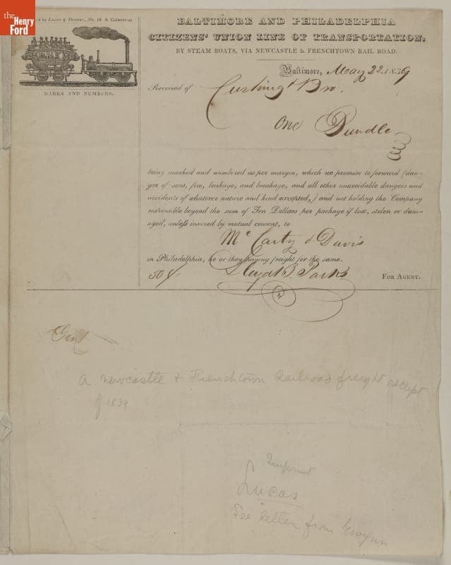 Newcastle and Frenchtown Railroad Freight Receipt, 1839