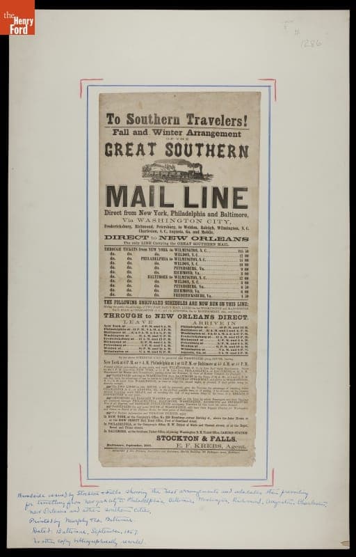 Railroad Schedule for the Great Southern Mail Line, 1857