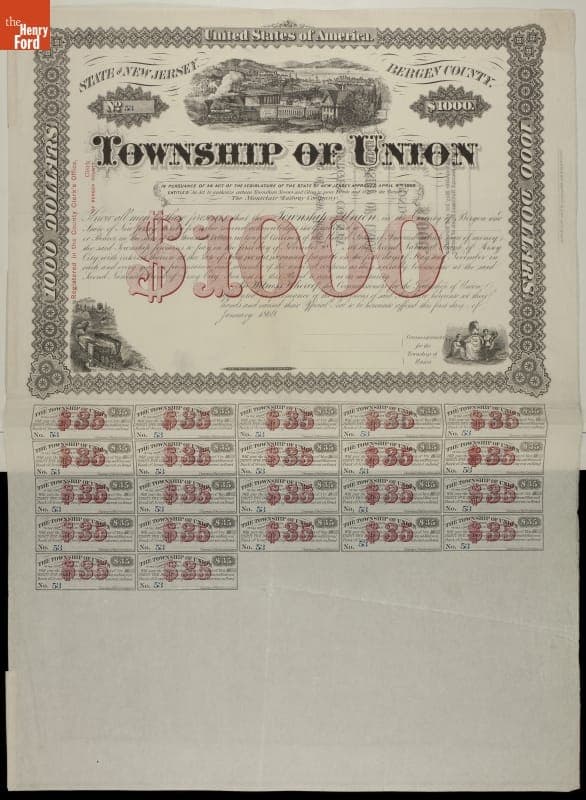 Bond Issued by the Township of Union, New Jersey for the Montclair Railway Company, 1869