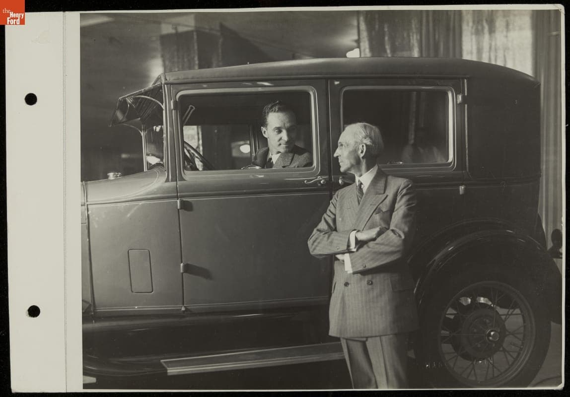 Henry and Edsel Ford with a New Ford Model A at the Industrial Exposition, 1928