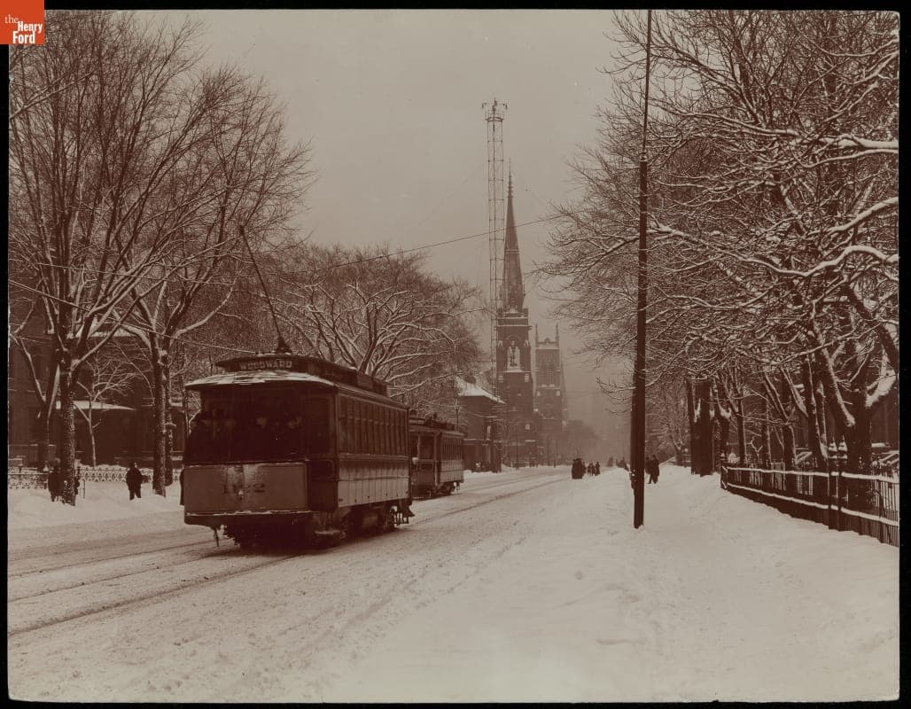 "Woodward Avenue in Winter Attire," Streetcar and Pedestrians, Detroit, Michigan, circa 1900