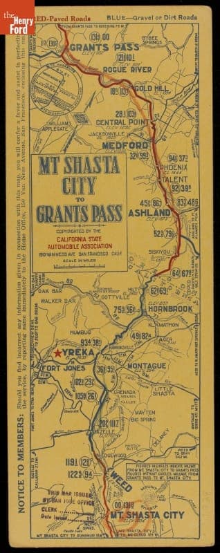 Road Map, Mt. Shasta City to Grant's Pass, California, 1928