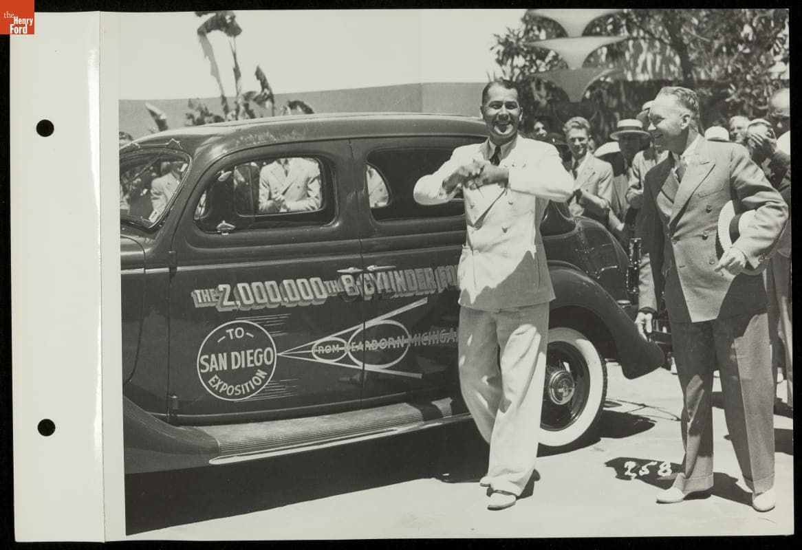 Two-Millionth Ford V-8 Driver Jimmy Rooney and Official Rex Ryan, California Pacific International Exposition, San Diego, 1935