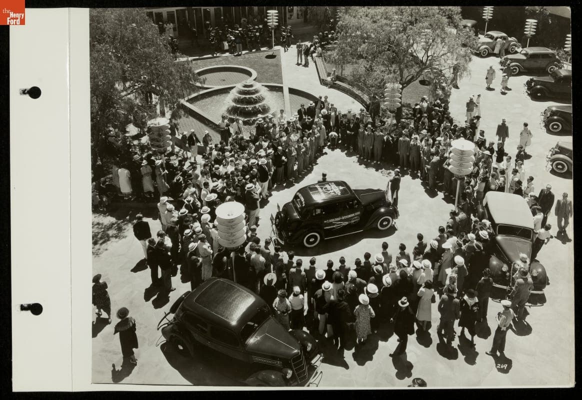 Two-Millionth Ford V-8 in the Central Courtyard of the Ford Building, California Pacific International Exposition, San Diego, 1935